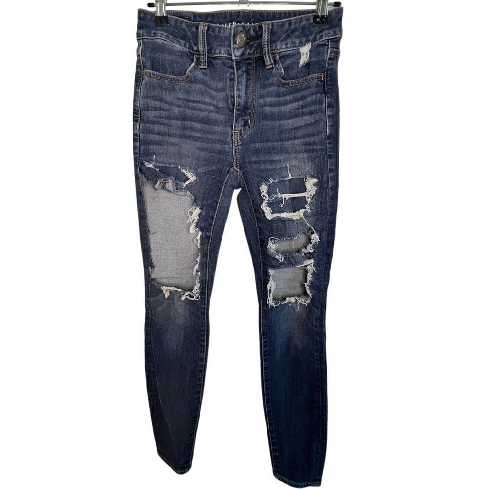 American Eagle Super Distressed Dark Wash High Rise Denim Jeggings